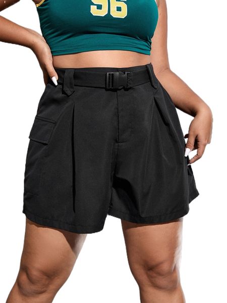 

plus plicated detail flap pocket release buckled belted cargo shorts 90es#, Black