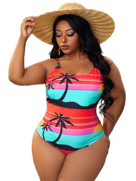 

plus tropical beach print one piece swimsuit 91yt#, White;black