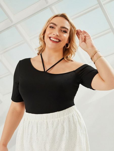 

plus asymmetrical neck tee c283#, Black
