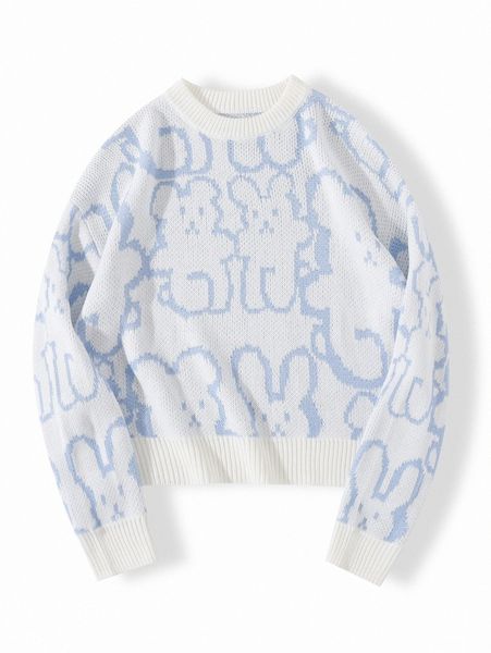 

bear pattern contrast trim sweater d87h#, White;black