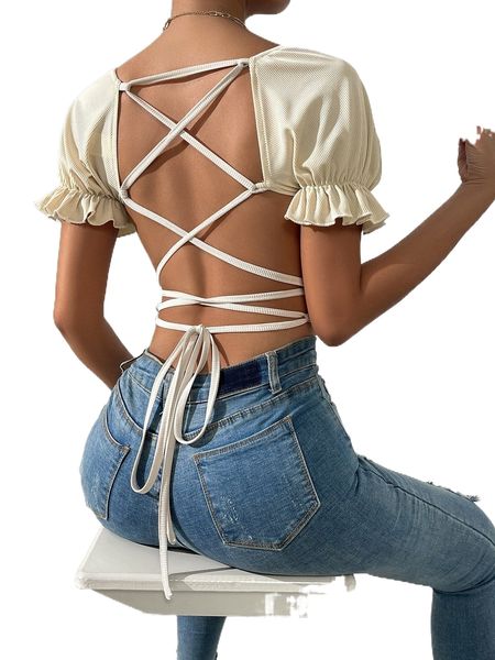 

lace up backless ruffle trim crop tee 46ns#, White