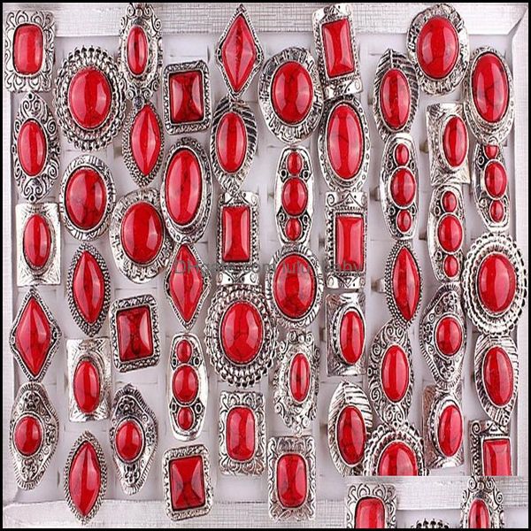 Bandringe Schmuck Retro -Stil Red Natural Stone Sier plattierter Ring 30pcs Großhandel Luxus Bohemian einstellbar für Dh9an