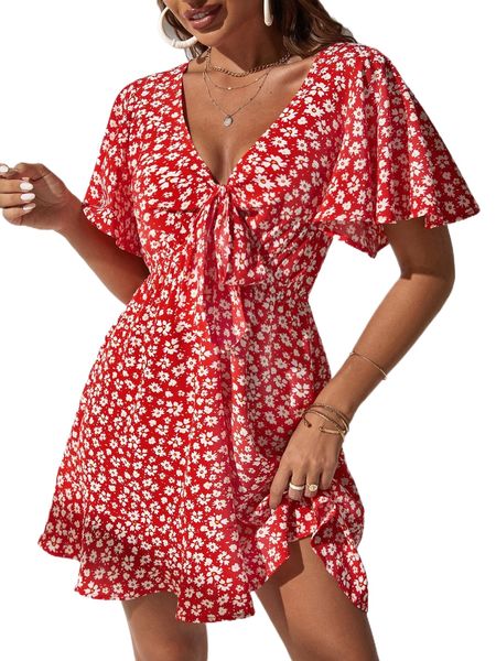

floral print knot front dress 21v3#, Black;gray