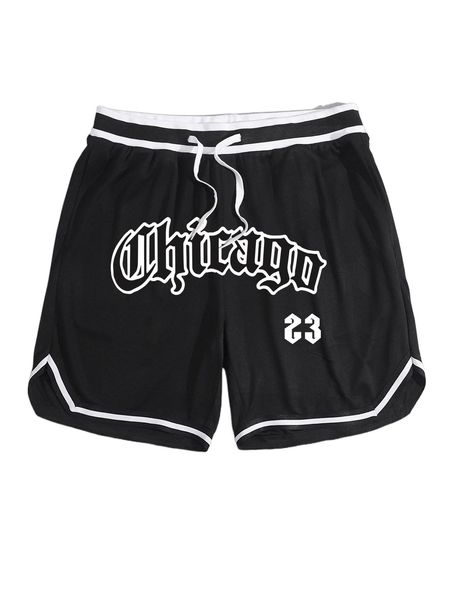 

men letter graphic striped trim drawstring waist shorts m3ig#, White;black