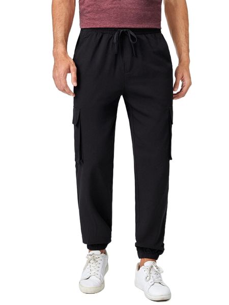 

men flap pocket drawstring waist cargo pants 690n#, Black