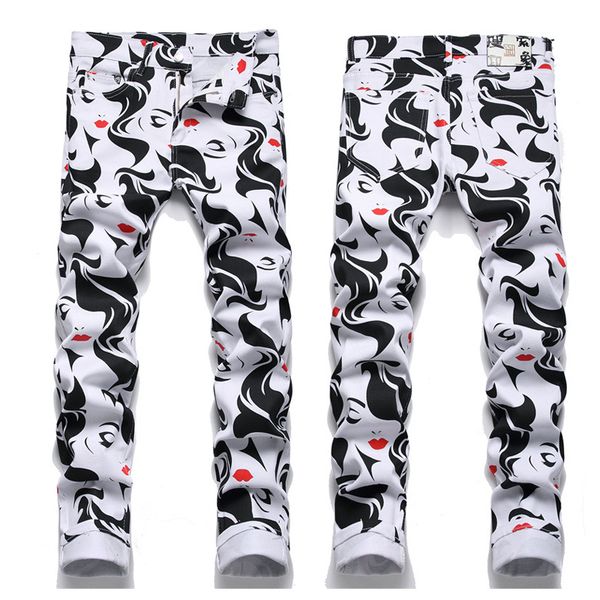 

3d printed casual denim jeans man slim fit let cut nightclub hip hop jeans, Blue