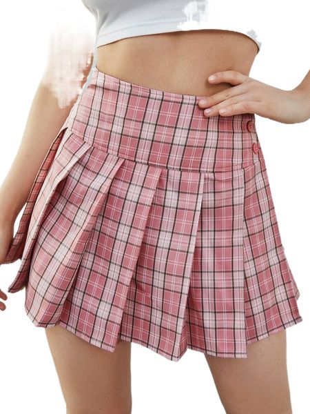 

high waist plaid pleated split skirt e701#, Black