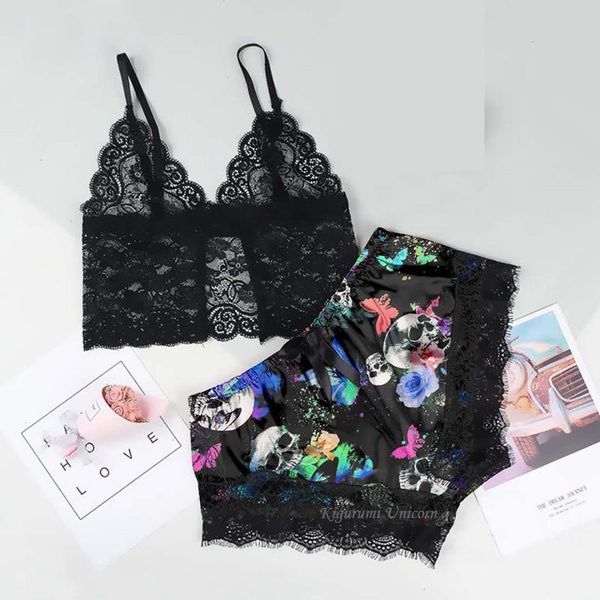

print pajamas sets women lace satin silk pyjamas sleepwear floral v neck sleeveless lingerie nightwear homewear, Black;red