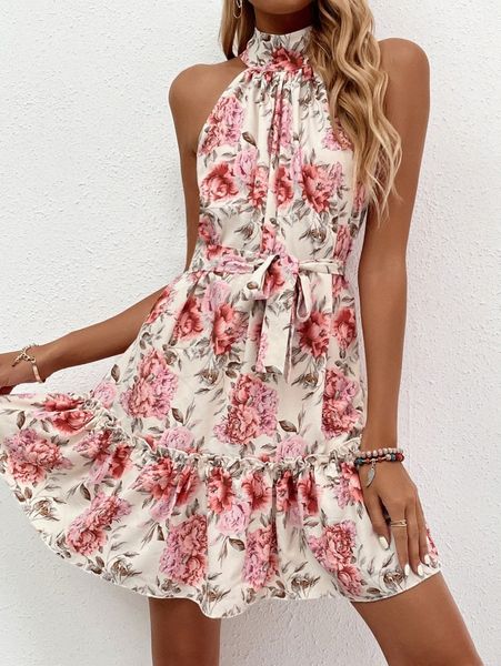 

ruffle hem self belted floral print dress g8w1#, Black;gray