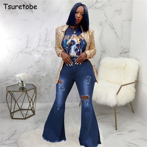 

tsuretobe autumn plus size flare pants women ripped jeans fashion high waist wide leg pants casual bell-bottoms jeans trousers lj200810, Blue