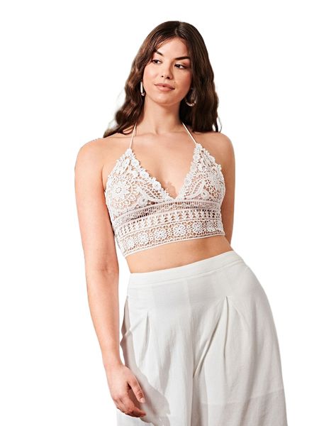 

plus sheer tie backless lace crop cami k3kf#, Black