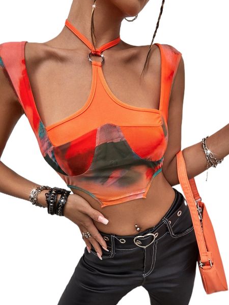 

tie dye o-ring cut out asymmetrical hem crop mesh l5wh#, White