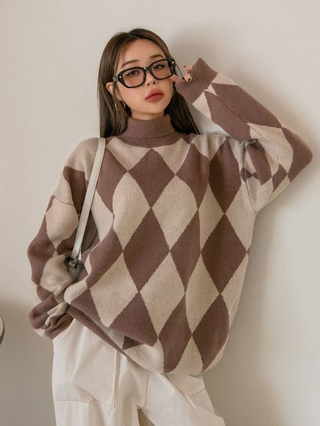 

dazy argyle pattern turtleneck drop shoulder oversized sweater r19p#, White;black