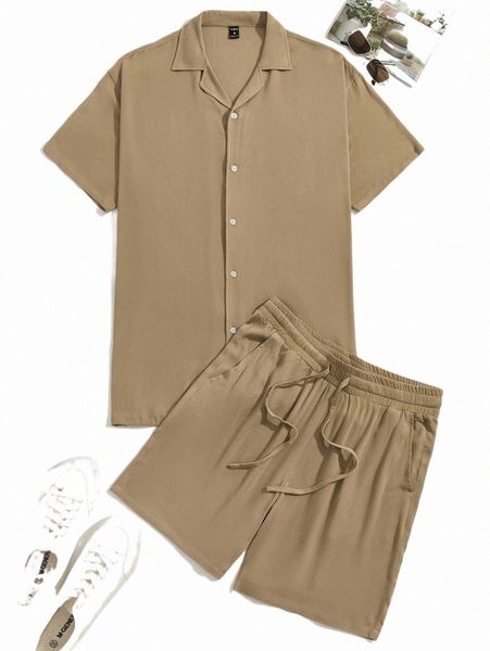 

men solid shirt & drawstring waist shorts j3sp#, Gray