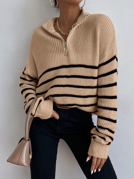 

striped drop shoulder zipper front sweater r0yr#, White;black