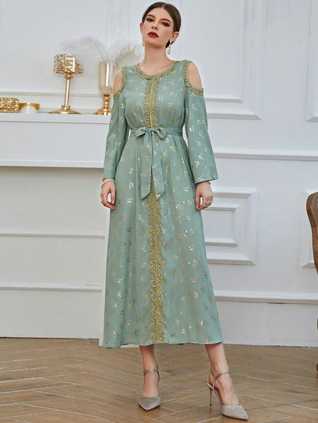 

gold floral print cold shoulder embroidery belted dress c7qv#, Black;gray