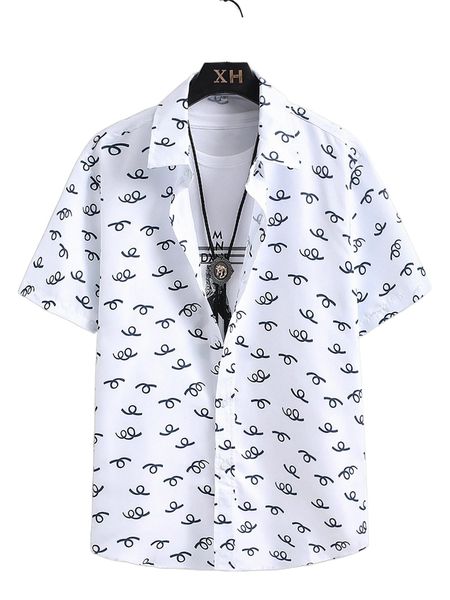 

men 1pc allover print button through shirt q501#, White;black