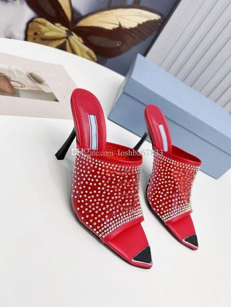 

2022 Fashion versatile diamond women's designer slippers sandals high lengthened pointed mule fashion comfortable flat shoes size 35-41, Red