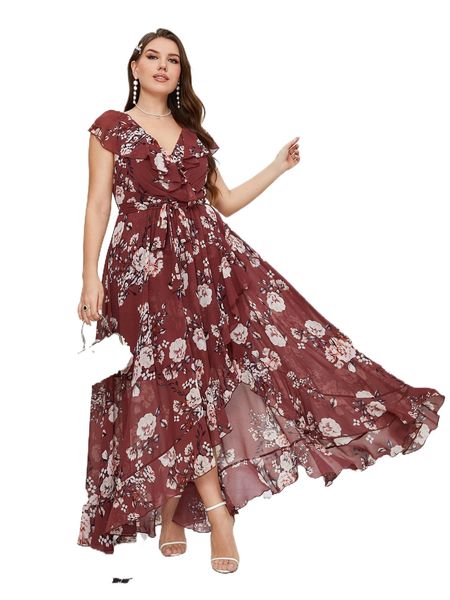 

plus floral print ruffle trim belted dress x100#, Black