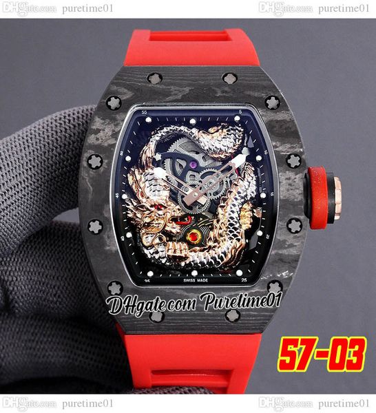 2022 Углеродное волокно TPT Miyota Automatic Tourbillon Mens Watch 3D Sapphire Dragon Skeleton Dial темно-красного резинового ремешка Super Edition Jack Chen Puretime01 E280-5703-D4