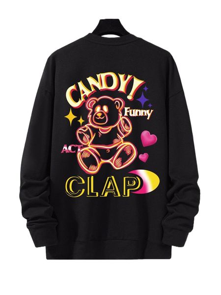 

men bear & letter graphic drop shoulder sweatshirt v5pa#, Black