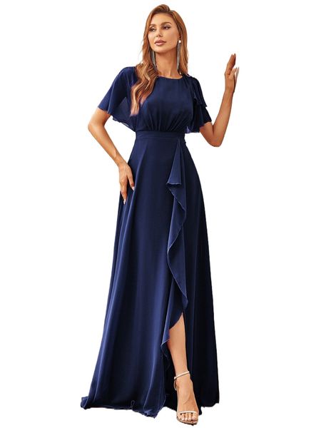 

ever-pretty split hem flounce sleeve dress 86zf#, Black;gray