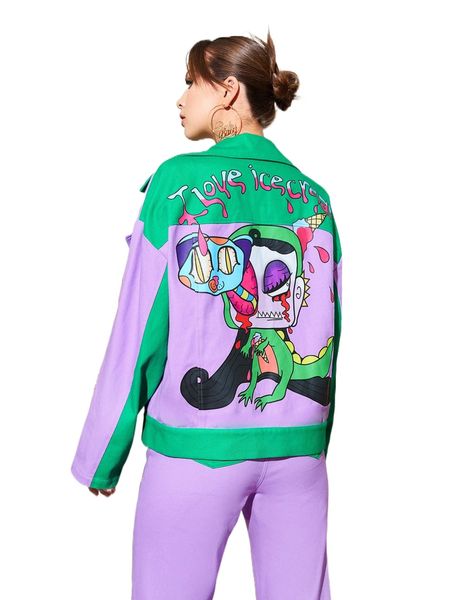

x zuusaha zip up slogan and cartoon graphic two tone jacket l4pt#, Black;brown
