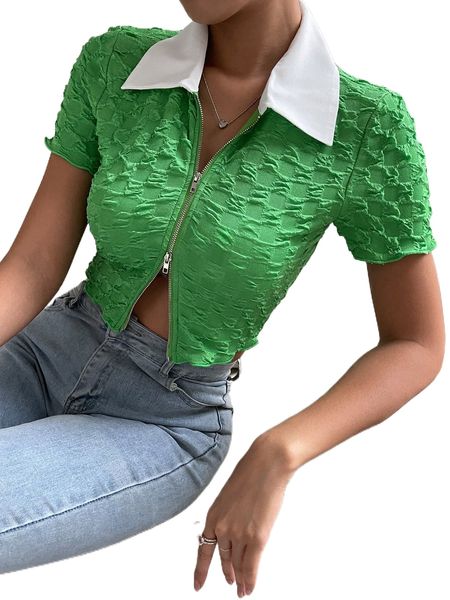 

contrast collar zip up textured tee j8bq#, White