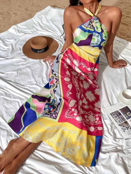 

paisley print halter neck dress l2qm#, Black;gray