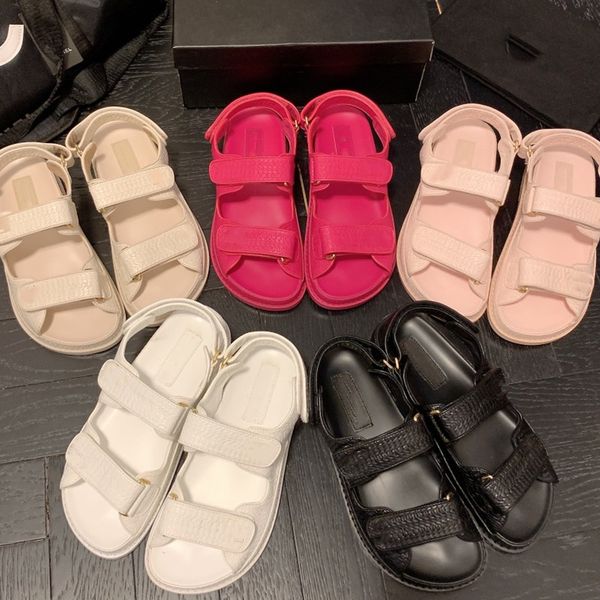 

designer sandals luxury flat heel slippers genuine leather sheepskin insole hook & loop slides women summer luxury fashion soft party banque, Black