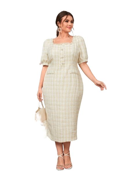 

plus plaid pattern frayed trim single breasted puff sleeve tweed dress o2if#, Black