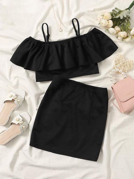 

girls cold shoulder ruffle detail & skirt she, White