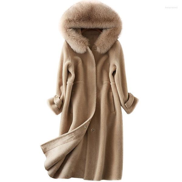 Misto Lana da donna 2022 Pelo di Piombo Tosatura Delle Pecore Cappotto Donna Fondo Lungo Anche Cappello Cappotto Allentato in Pelle E Pelliccia Bery22