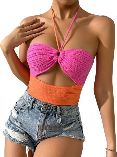 

color block cut out halter knit 742u#, White;black
