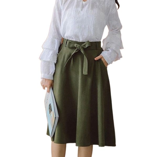 

skirts 2022 autumn spring women a-line skirt japanese high waist bow girls casual solid knee-length cotton flare a0n5#, Black