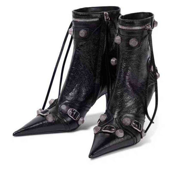 

boots be toe women short four seasons universal metal rivet decorative thin high heel bare tassel side zipper 220709, Black
