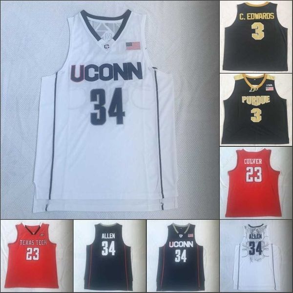 XFLSP NCAA UCONN HUSKIES 34 Ray Allen Texas Tech 23 Jarrett Culver 3 Carsen Edwards Koleji 100% Stiched Lisesi Erkek Formalar Boyutu S-XXL