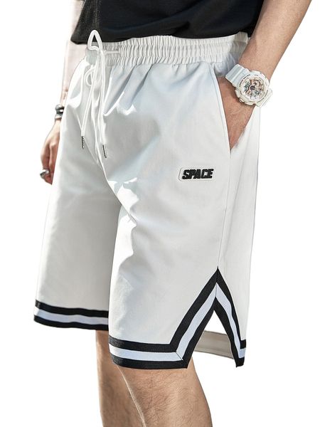 

men letter patched detail contrast striped tape drawstring waist shorts h52l#, White;black