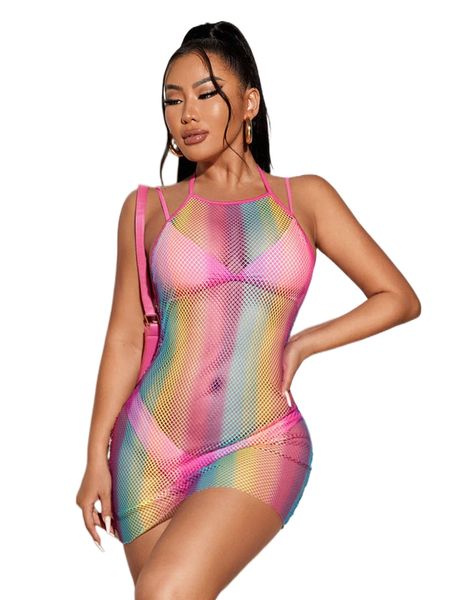 

sxy color block fishnet halter sheer dress y48b#, Black;gray