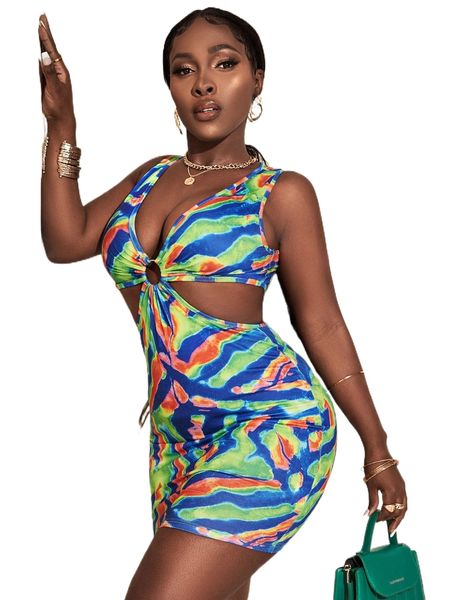

sxy tie dye ring linked cut out bodycon dress g9kr#, Black;gray