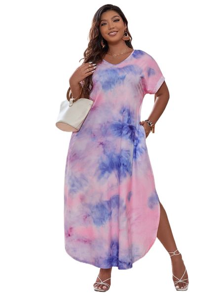 

plus tie dye hidden pocket curved hem tee dress s8h0#, Black