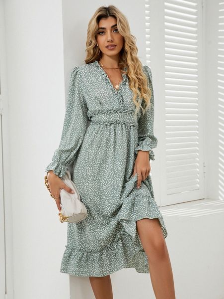 

leopard print frilled flounce sleeve ruffle hem dress k2ae#, Black;gray