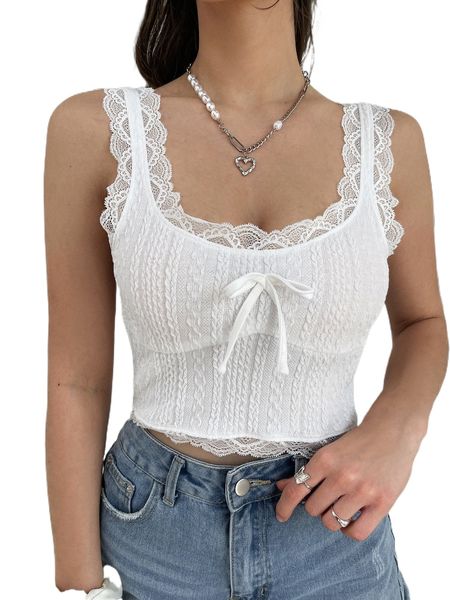 

lace trim tie front tank 58vg#, White