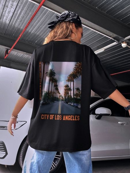 

slogan & scenery print drop shoulder tee j9af#, White