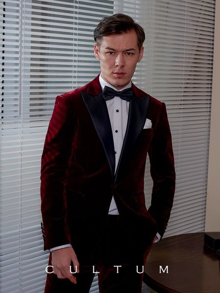 

brand new burgundy velvet men wedding tuxedos peak lapel groom tuxedos fashion one button men blazer 2 piece suit prom/dinner jacket custom, Black;gray