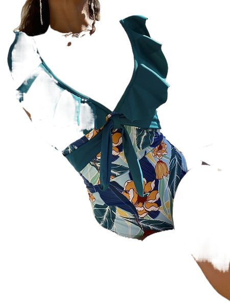 

random plant print ruffle trim knot front one piece swimsuit 57pd#, White;black