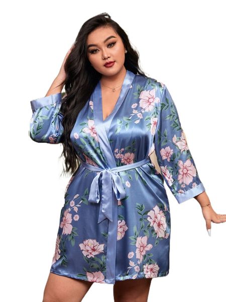 

plus floral print belted satin robe w80t#, Black;white