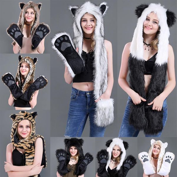 

16 styles faux fur hood animal hat ear flaps hand pockets animal hat wolf plush warm earmuff animal cap with scarf gloves jy996270m, Red;brown