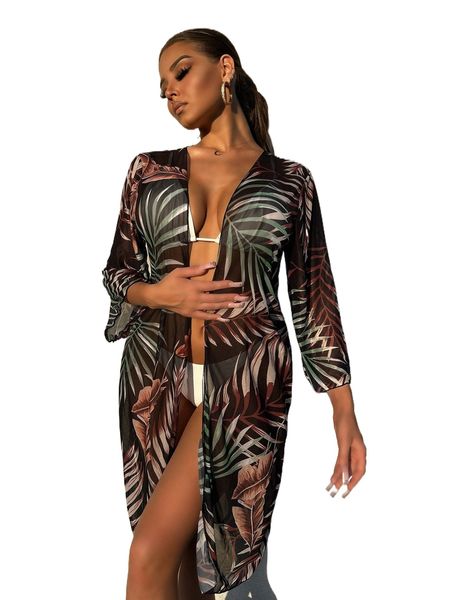 

random tropical print mesh cover up i8z1#, White;black