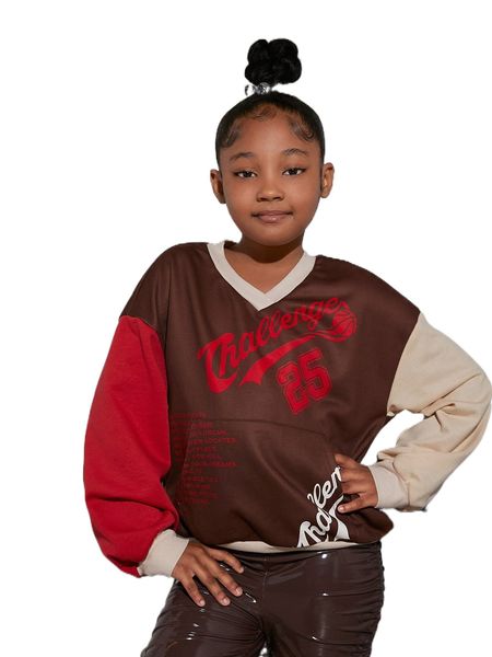 

girls slogan graphic colorblock drop shoulder pullover v8sm#, Black;white
